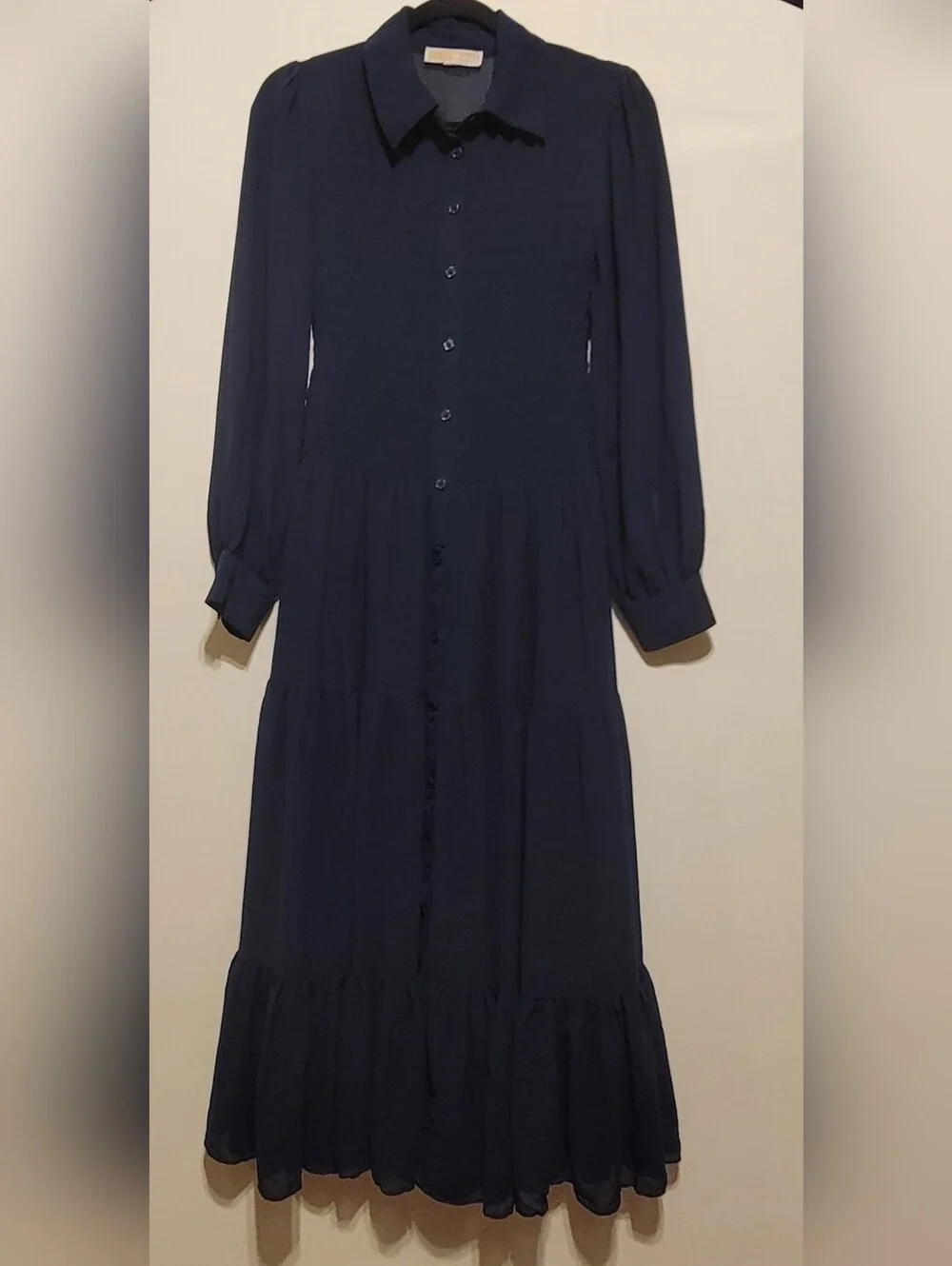 Michael Kors Navy Smocked Button Down Shirt Dress Women Size M